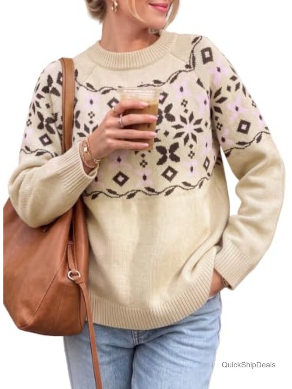 Fair Isle Pattern Crew Neck Pullover Sweater Long Sleeve Women's